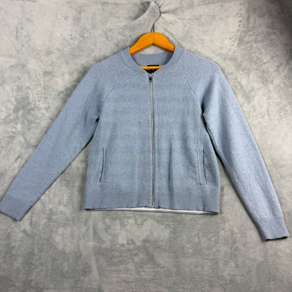 Ann Taylor Womens S Blue Bomber Zip Up Cardigan Sweater Cotton Wool Preppy Boho